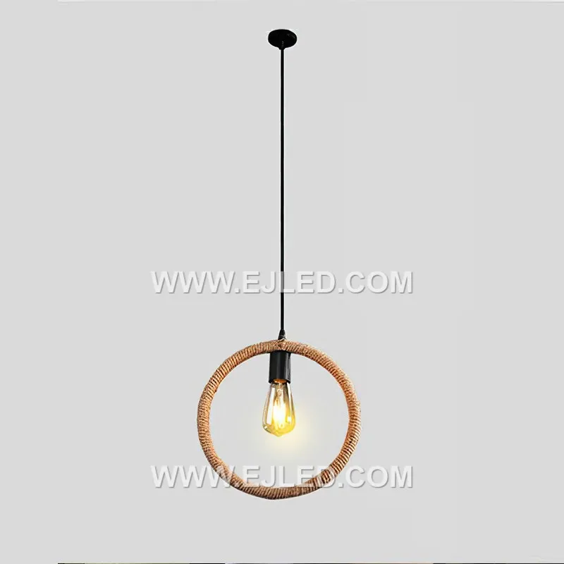 This round hemp rope pendant, RP0056, features a drum-shaped shade tightly woven around a black metal frame. Its open base projects a focused downward light, making it suitable for dining areas or task lighting. - view 6