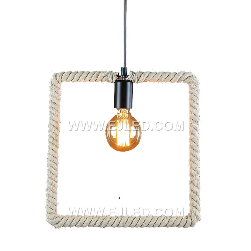The RP0057 is a square hemp rope pendant, featuring an open cube-shaped frame wrapped in natural rope. Its geometric form and exposed bulb provide versatile light for various room sizes and ceiling heights.