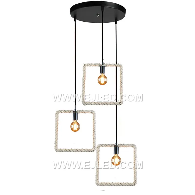 The RP0057 is a square hemp rope pendant, featuring an open cube-shaped frame wrapped in natural rope. Its geometric form and exposed bulb provide versatile light for various room sizes and ceiling heights. - view 2