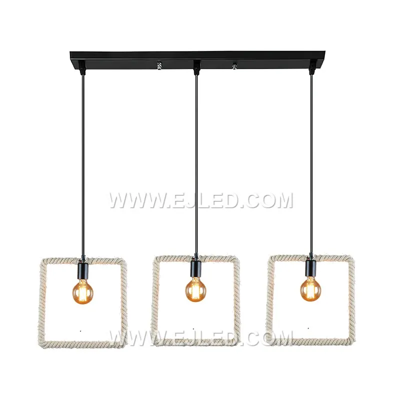 The RP0057 is a square hemp rope pendant, featuring an open cube-shaped frame wrapped in natural rope. Its geometric form and exposed bulb provide versatile light for various room sizes and ceiling heights. - view 3
