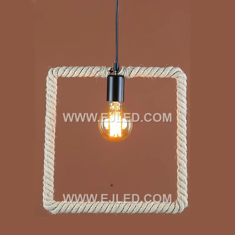 The RP0057 is a square hemp rope pendant, featuring an open cube-shaped frame wrapped in natural rope. Its geometric form and exposed bulb provide versatile light for various room sizes and ceiling heights. - view 4