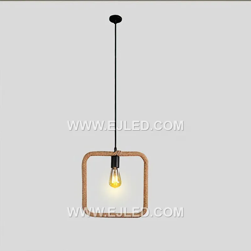 The RP0057 is a square hemp rope pendant, featuring an open cube-shaped frame wrapped in natural rope. Its geometric form and exposed bulb provide versatile light for various room sizes and ceiling heights. - view 5