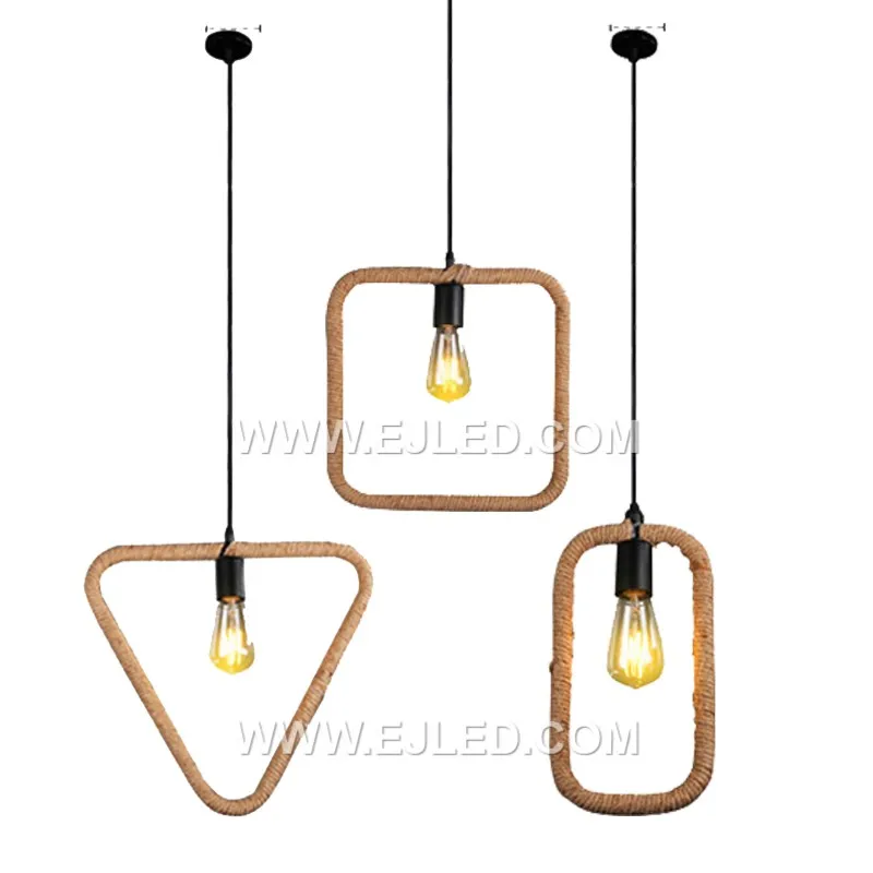 China Factory Square Hemp Rope Chandelier Iron Wrie Metal Vintage Rope Pendant Lights DIY Loft Lamp for Village RP0057