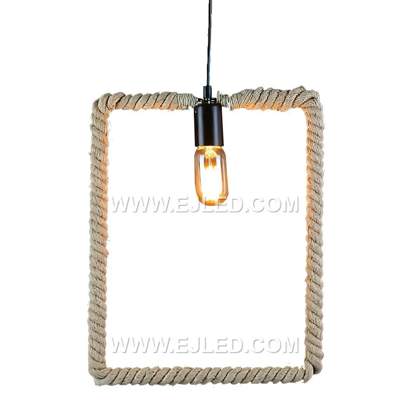 Natural hemp rope forms the cuboid shade of the RP0058 pendant, meticulously wrapped around a black metal frame. Its open structure allows for ambient light distribution, showcasing the bulb within a rustic yet defined form.