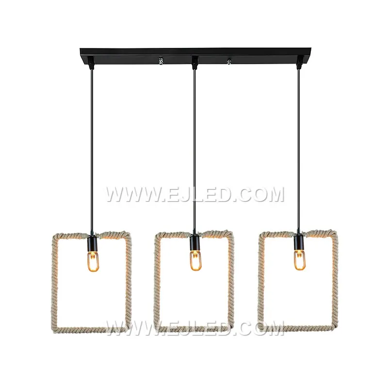 Natural hemp rope forms the cuboid shade of the RP0058 pendant, meticulously wrapped around a black metal frame. Its open structure allows for ambient light distribution, showcasing the bulb within a rustic yet defined form. - view 3