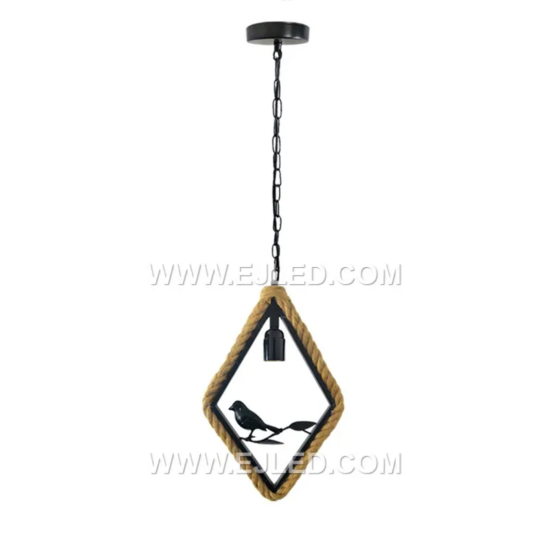 A square, open-cage design defines the RP0070 pendant, featuring natural hemp rope wrapped around its black metal frame. This construction ensures maximum light exposure from the central bulb, ideal for bright, decorative illumination. - view 2