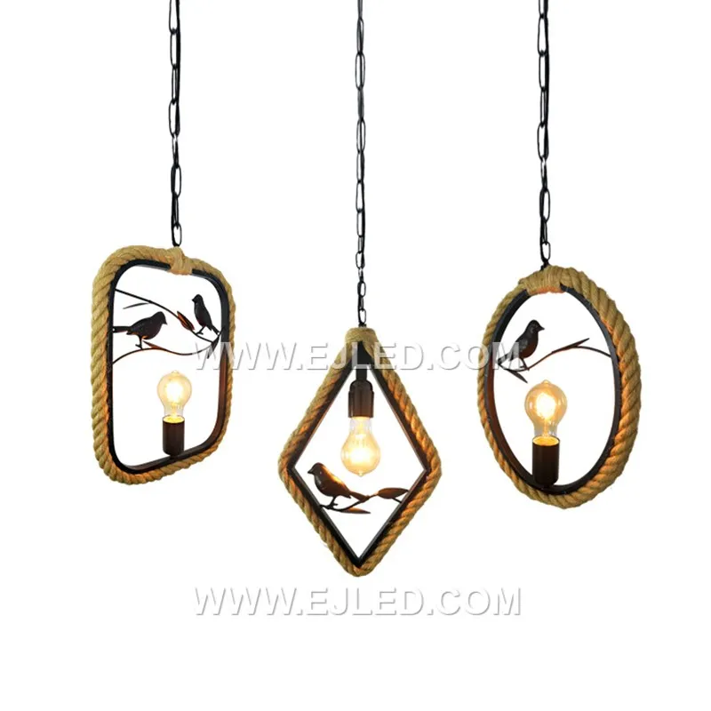 A square, open-cage design defines the RP0070 pendant, featuring natural hemp rope wrapped around its black metal frame. This construction ensures maximum light exposure from the central bulb, ideal for bright, decorative illumination. - view 3