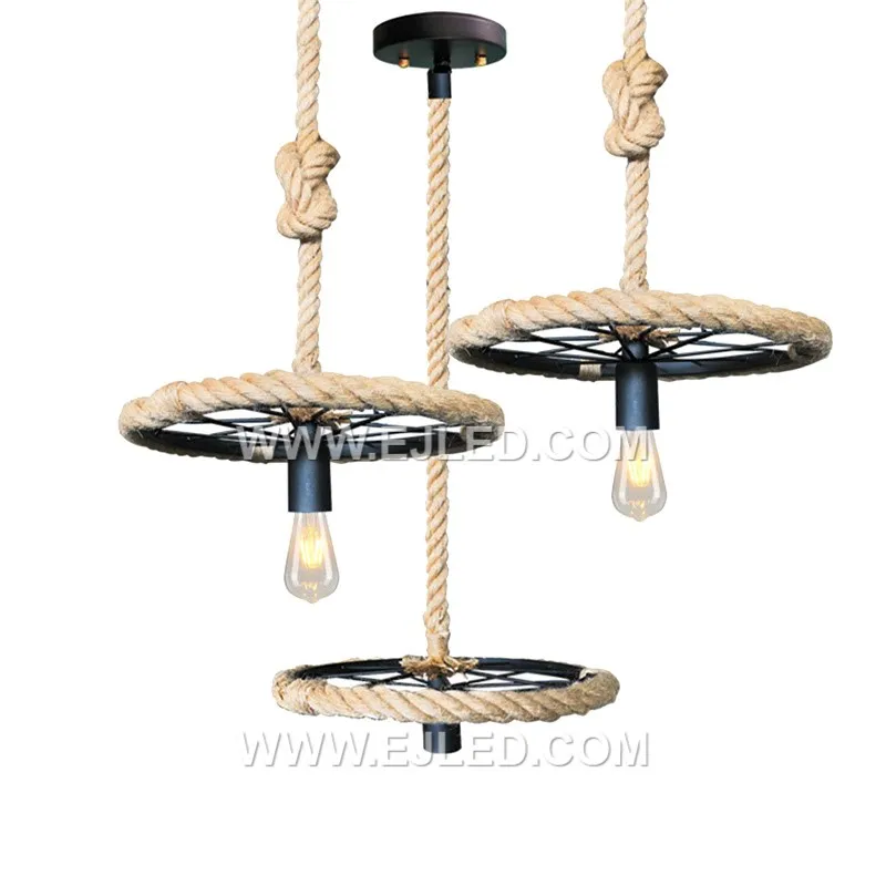 Chandelier American Style Antique Hemp Rope Ceiling Lamp Wheel Shade Lighting Fixtures for Village Pendant Light RP0074
