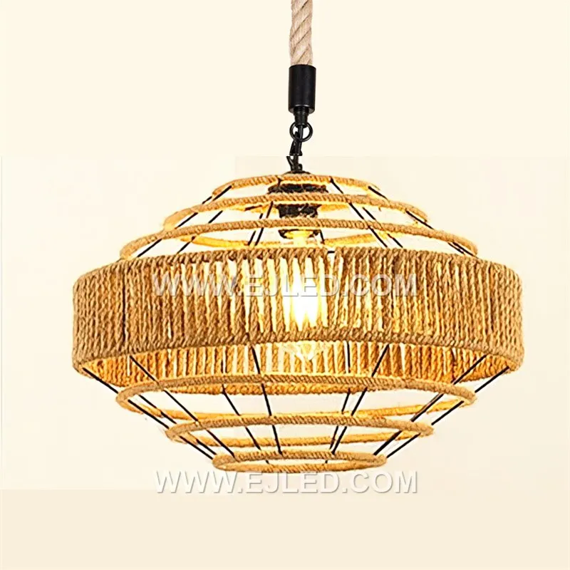 Tightly woven natural rattan forms the wide, drum-shaped shade of the RP0077 pendant light. Its open bottom provides direct illumination, making it suitable for task lighting over counters or dining tables. - view 3