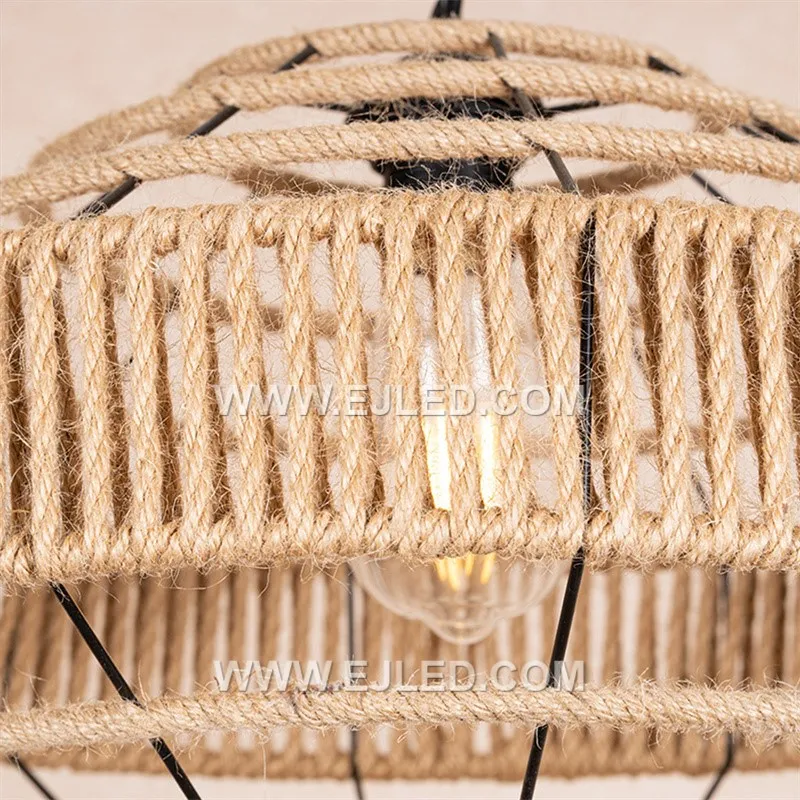 Tightly woven natural rattan forms the wide, drum-shaped shade of the RP0077 pendant light. Its open bottom provides direct illumination, making it suitable for task lighting over counters or dining tables. - view 5