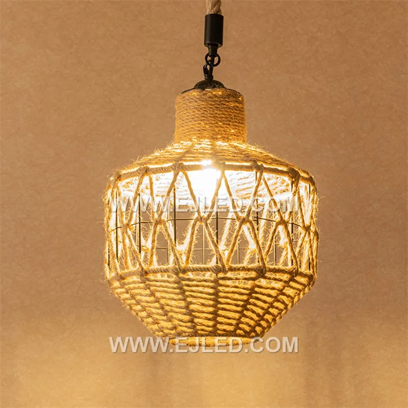 This wide, open-weave rattan pendant, RP0078, creates a soft, ambient glow, allowing the bulb to be seen. Its bell-like form is suitable for various casual or natural-themed interiors. - view 4