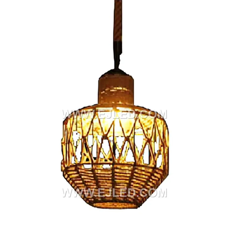 This wide, open-weave rattan pendant, RP0078, creates a soft, ambient glow, allowing the bulb to be seen. Its bell-like form is suitable for various casual or natural-themed interiors. - view 7