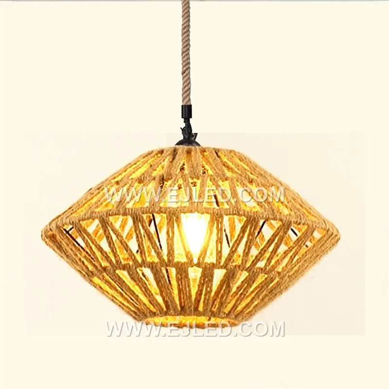 This rattan pendant, RP0079, features a transitional weave, tighter at the top and looser towards the flared open base. It offers both diffused and direct light, with a visible single lamp, making it versatile for various settings.