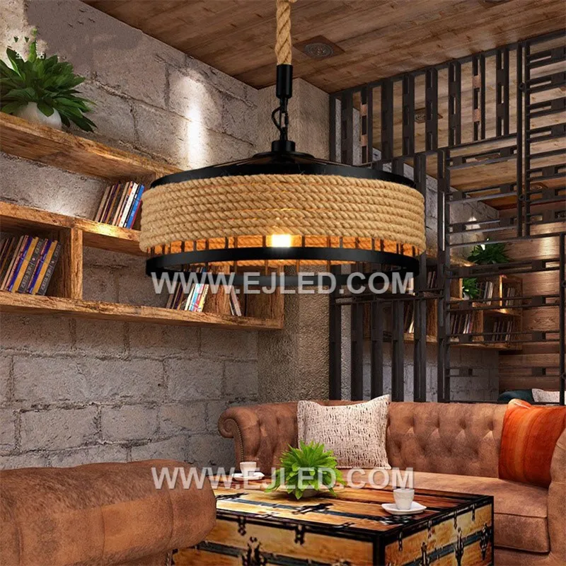 Country Hemp Rope Style Pendant Light Cover Shade Industrial Chandelier Island Light Ceiling Lamp Shade for Restaurant RP0080