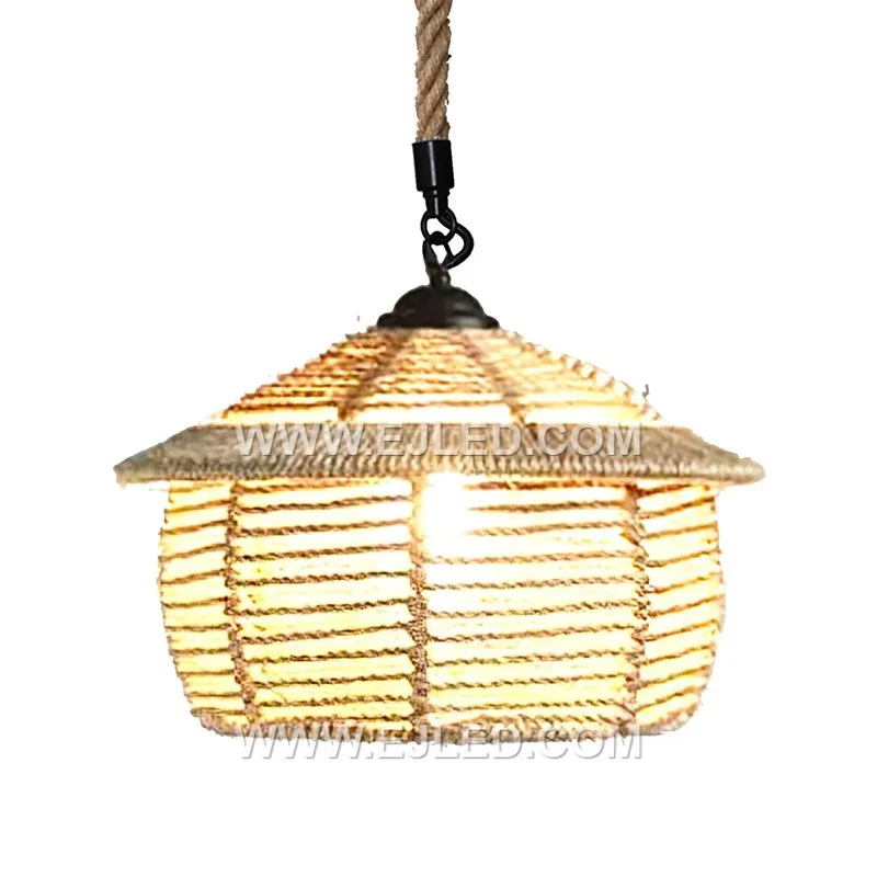 This tiered pagoda pendant is woven from natural rattan, creating a warm, open-bottomed shade with a visible lamp. Its organic material and silhouette make it suitable for various casual or hospitality settings.