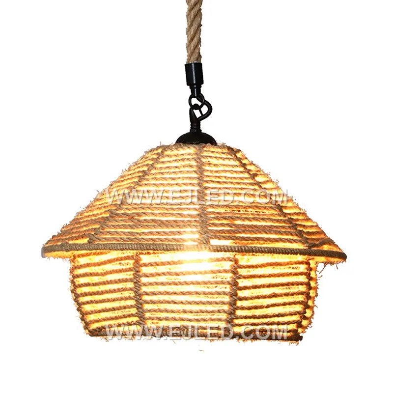 This tiered pagoda pendant is woven from natural rattan, creating a warm, open-bottomed shade with a visible lamp. Its organic material and silhouette make it suitable for various casual or hospitality settings. - view 3