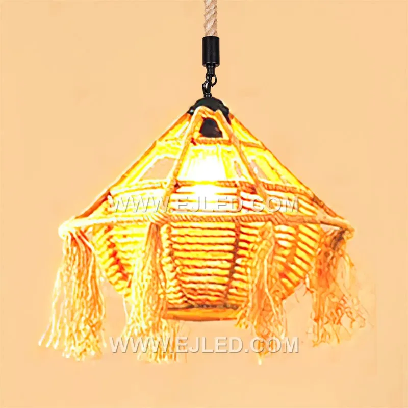 The RP0085 is a distinctive bowl-shaped pendant light, intricately woven from natural rattan with a decorative tassel fringe. Its recessed single lamp provides a soft, focused downlight, enhancing intimate dining or lounge areas. - view 3