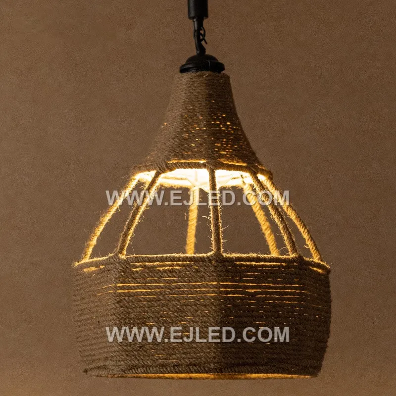 Basket Hemp Rope Pendant Light Industrial Antique Metal Cage Hemp Rope Pendant Chandelier Lighting Fixtures for Village RP0101