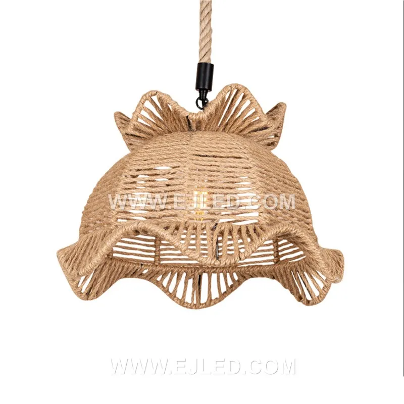 This bell-shaped rattan pendant, the RP0104, features an open, hand-woven texture that permits light to diffuse in all directions. It offers a warm, inviting glow, making it suitable for ambient illumination in various spaces.