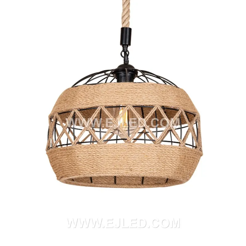 This RP0114 drum pendant distinguishes itself with an elongated, horizontal shape, handcrafted from rustic iron and natural rope to enclose a single lamp for focused light over long surfaces.