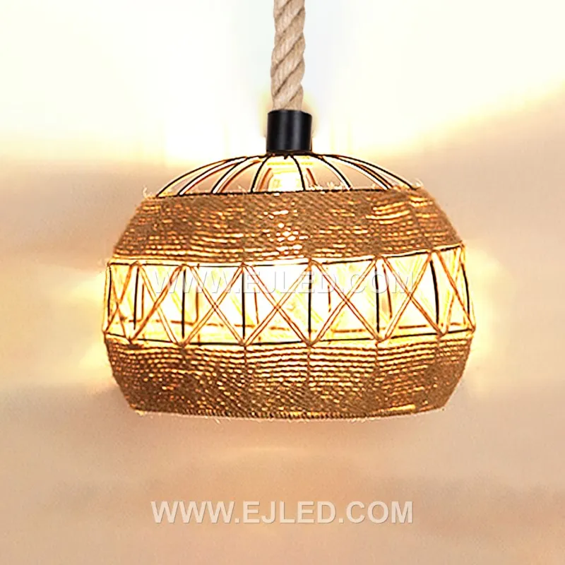 This RP0114 drum pendant distinguishes itself with an elongated, horizontal shape, handcrafted from rustic iron and natural rope to enclose a single lamp for focused light over long surfaces. - view 2