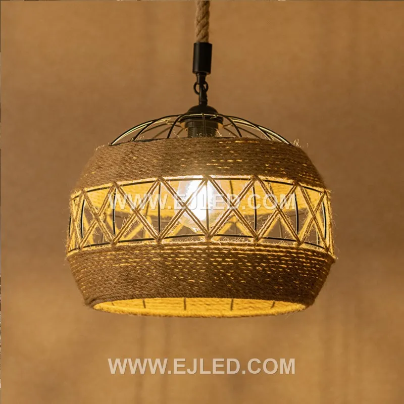 This RP0114 drum pendant distinguishes itself with an elongated, horizontal shape, handcrafted from rustic iron and natural rope to enclose a single lamp for focused light over long surfaces. - view 4