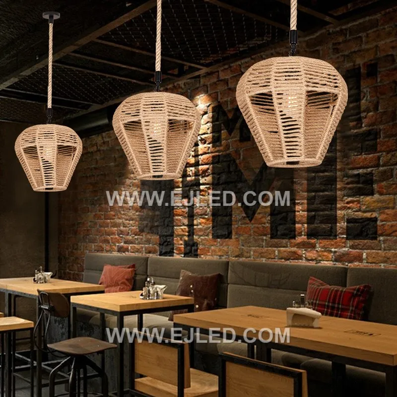 Country Retro Hemp Rope Pendant Light Industrial Metal Hemp Rope Pendant Lighting Fixture Woven Hanging Light for Village RP115