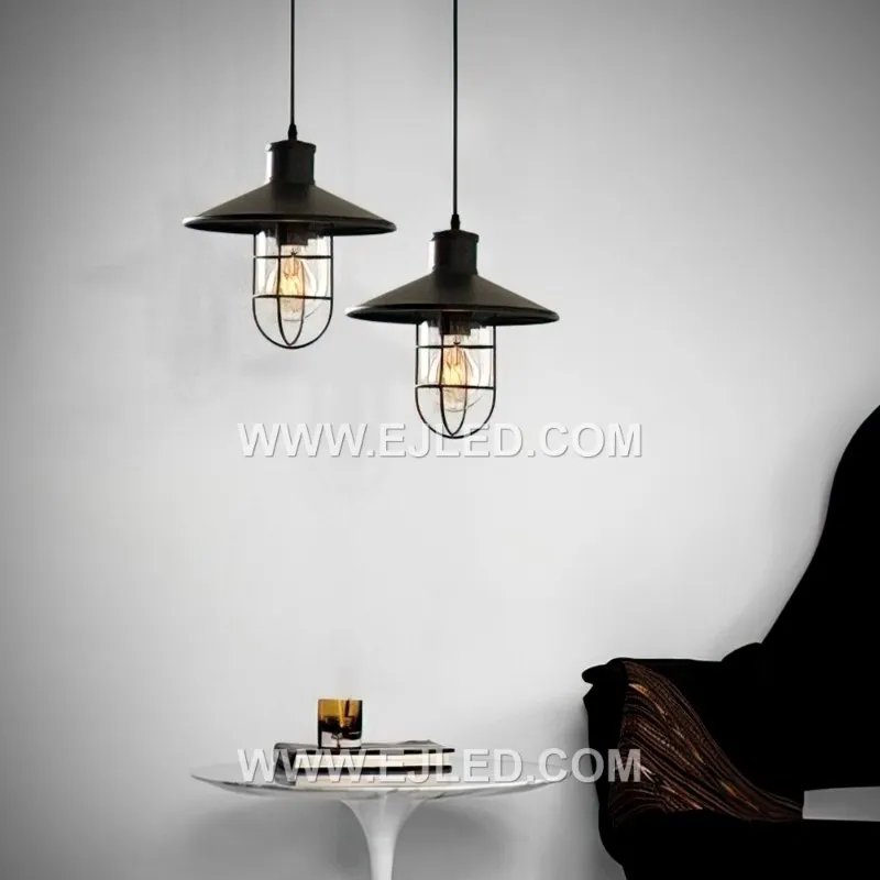 This industrial-style pendant features an iron bowl shade, with an internal wire cage protecting the lamp. Its robust design provides focused downward light, suitable for various commercial or hospitality settings. - view 3