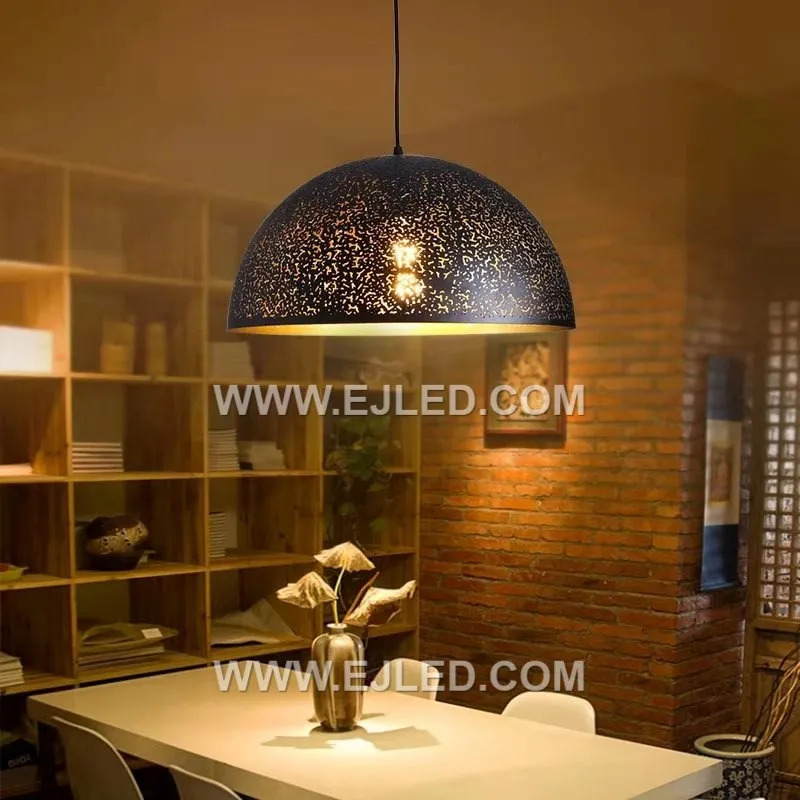 Crafted from durable iron, the MK0046 is a dome pendant with a dark finish. Its distinctive perforated shade creates a "starry sky" effect, casting a decorative pattern of light. - view 4