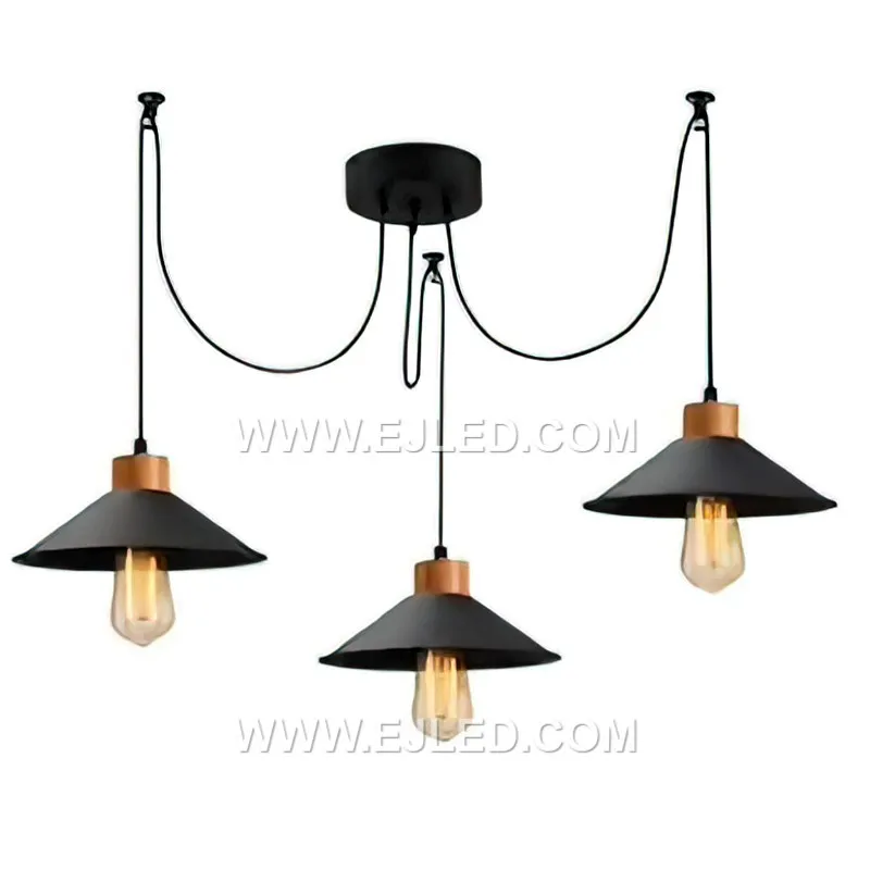 This MK0120 spider-style pendant features three arms, each terminating in a small, inverted dome shade. Constructed from iron with a black finish, it provides directional illumination from three separate lamps, making it suitable for larger spaces.