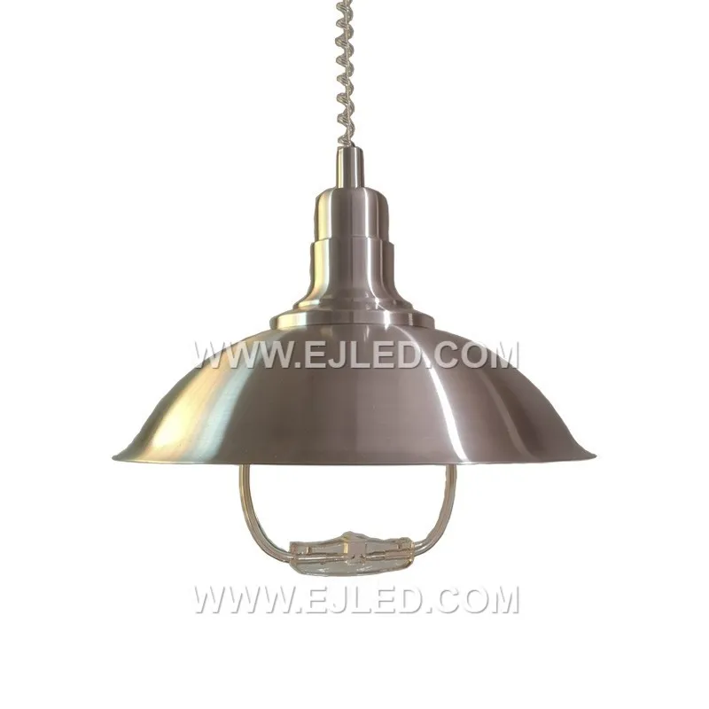The MK0121 features a wide, shallow dome shade crafted from stainless steel with a brushed silver finish. Its broad silhouette and single lamp provide excellent downlighting for larger spaces or commercial settings with high ceilings.