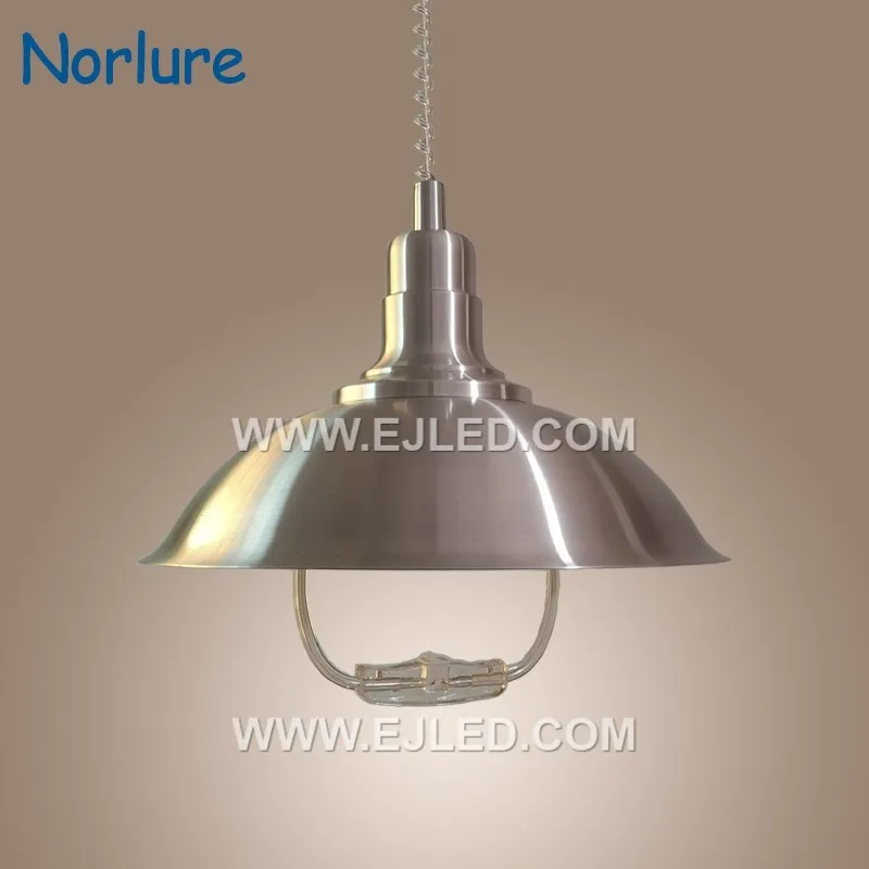 The MK0121 features a wide, shallow dome shade crafted from stainless steel with a brushed silver finish. Its broad silhouette and single lamp provide excellent downlighting for larger spaces or commercial settings with high ceilings. - view 2