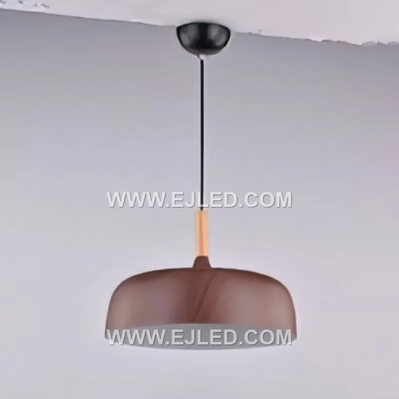The MK0127 is a dome-shaped pendant light featuring a wooden exterior with a subtly textured grey finish. Its white interior provides efficient light reflection from a single lamp, making it suitable for dining or hospitality settings.