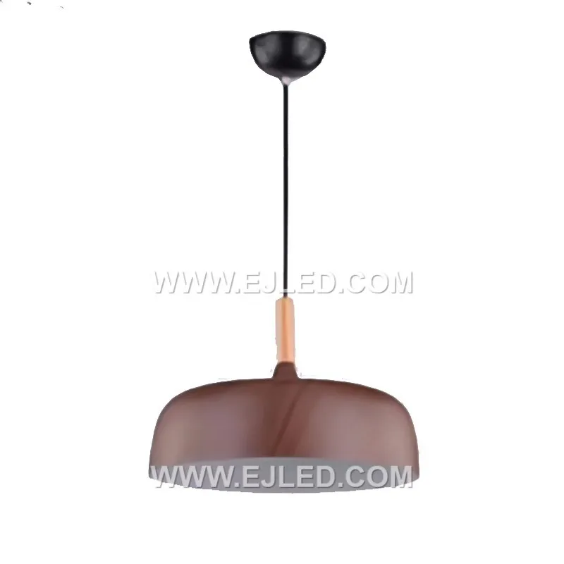 The MK0127 is a dome-shaped pendant light featuring a wooden exterior with a subtly textured grey finish. Its white interior provides efficient light reflection from a single lamp, making it suitable for dining or hospitality settings. - view 2
