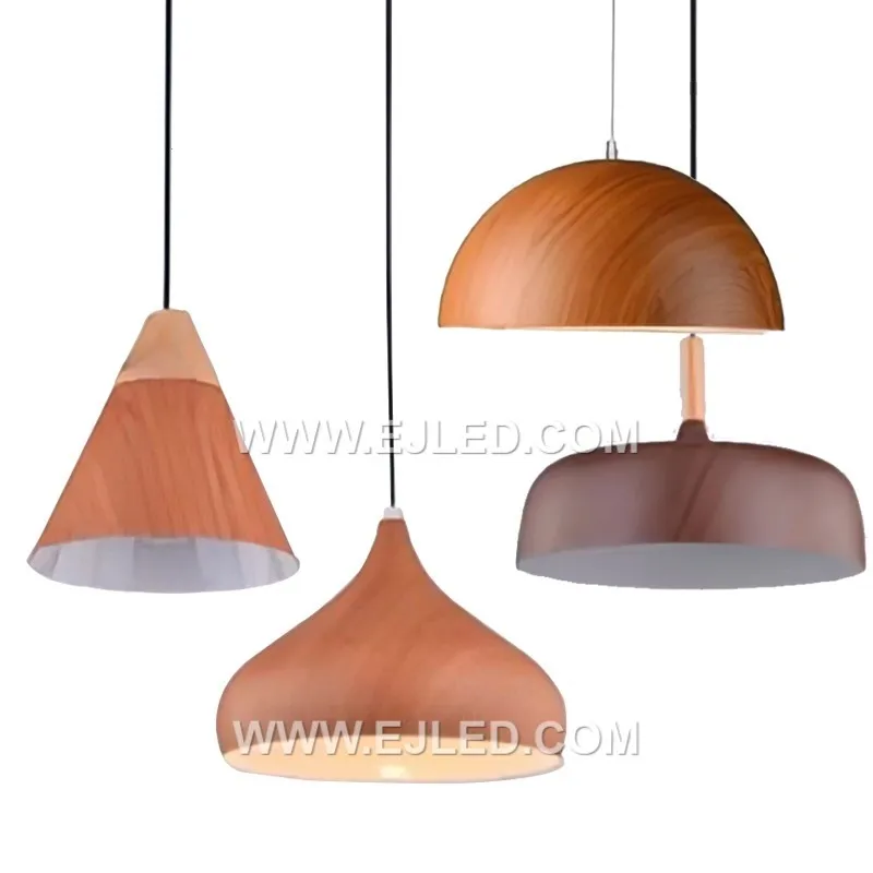 The MK0127 is a dome-shaped pendant light featuring a wooden exterior with a subtly textured grey finish. Its white interior provides efficient light reflection from a single lamp, making it suitable for dining or hospitality settings. - view 3