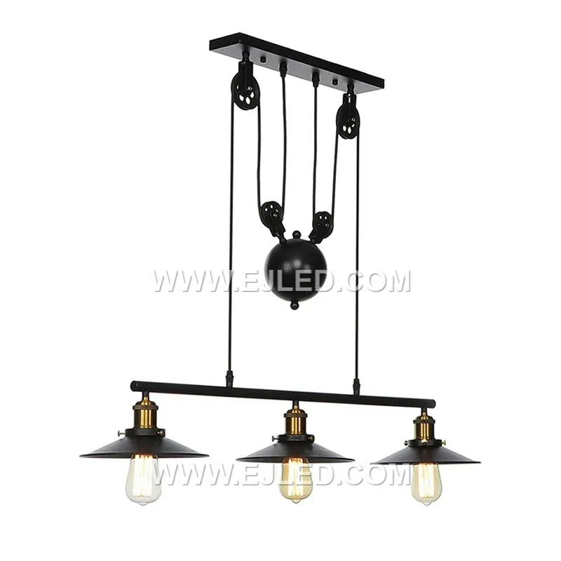This linear chandelier, featuring three bowl-shaped iron shades, is proportioned for longer dining tables or large kitchen islands. Its extended form provides balanced illumination across expansive surfaces in a room.