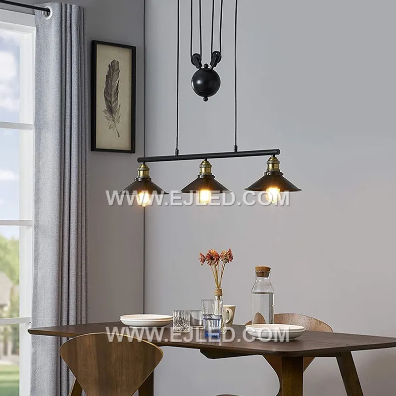 This linear chandelier, featuring three bowl-shaped iron shades, is proportioned for longer dining tables or large kitchen islands. Its extended form provides balanced illumination across expansive surfaces in a room. - view 4