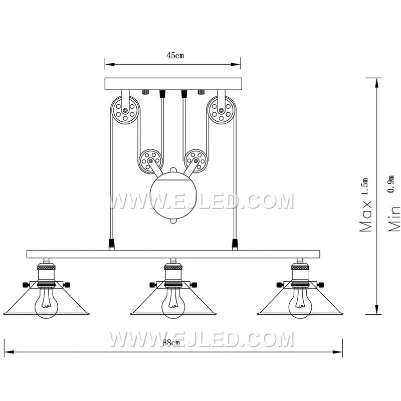 This linear chandelier, featuring three bowl-shaped iron shades, is proportioned for longer dining tables or large kitchen islands. Its extended form provides balanced illumination across expansive surfaces in a room. - view 6