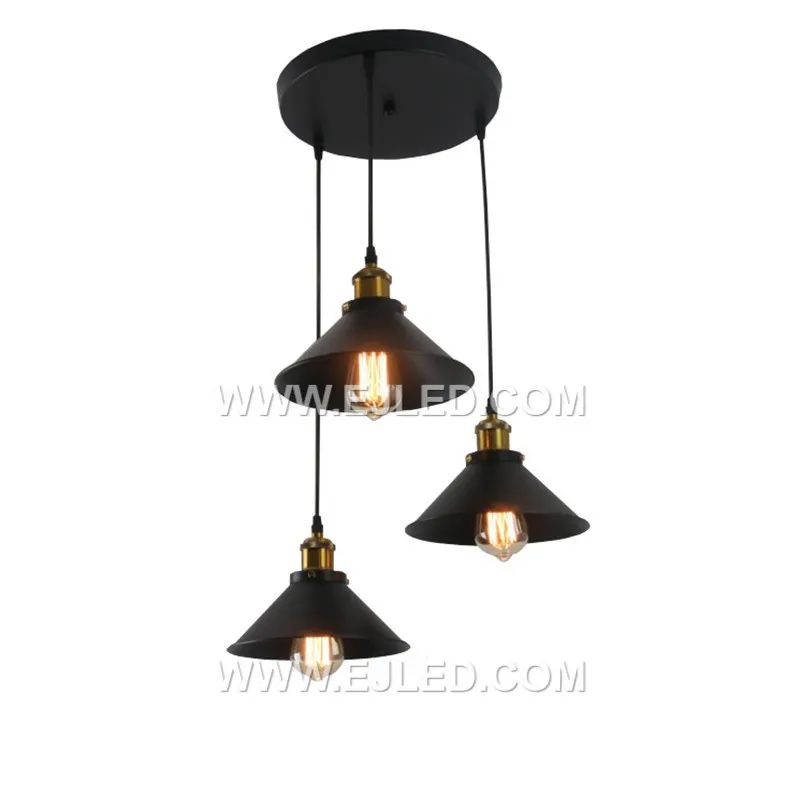 Coated in a matte black finish, the MK0155 is an iron cone pendant housing three E27 lamps in a linear arrangement. This fixture provides focused, direct illumination, suitable for narrower or longer spaces. - view 2