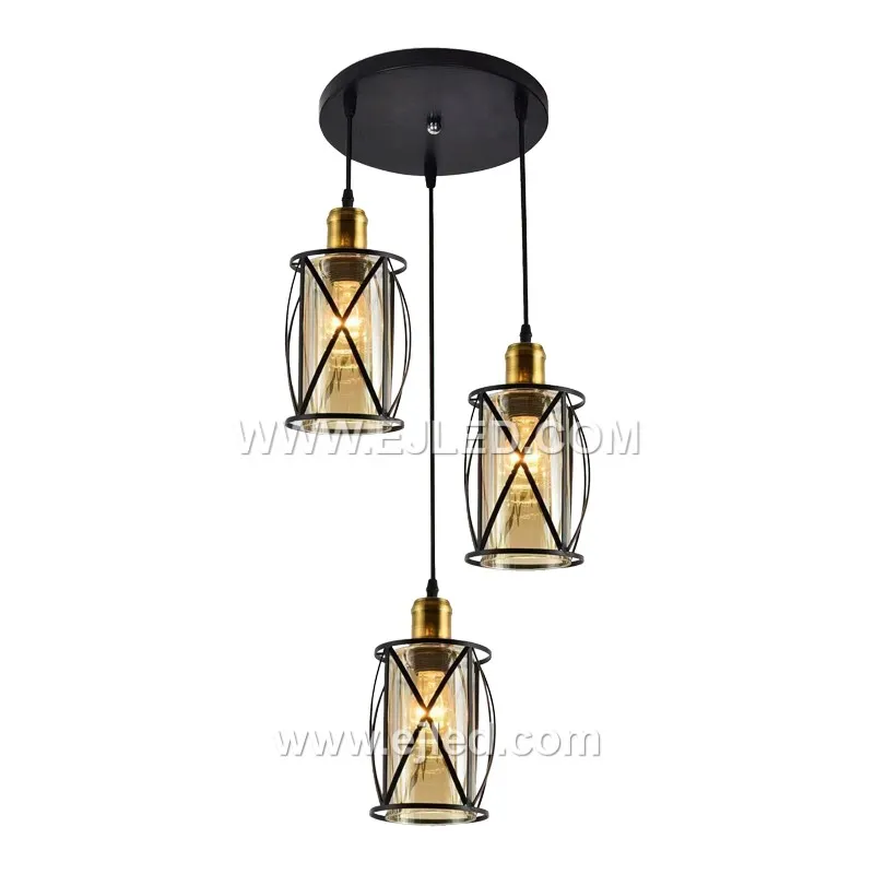 Black iron forms the distinctive, wide barrel cage of this pendant, accented with a golden interior finish. A clear glass cylinder protects the single lamp, casting a broad, functional light ideal for various commercial or hospitality settings.