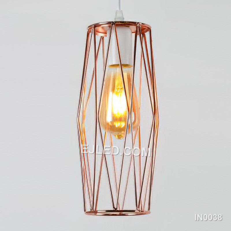Gold Pendant Light Metal Cylinder Cage Iron Lampshade with E27 Base Electroplate Light for Kitchen Island Hotel Bedroom IN0038