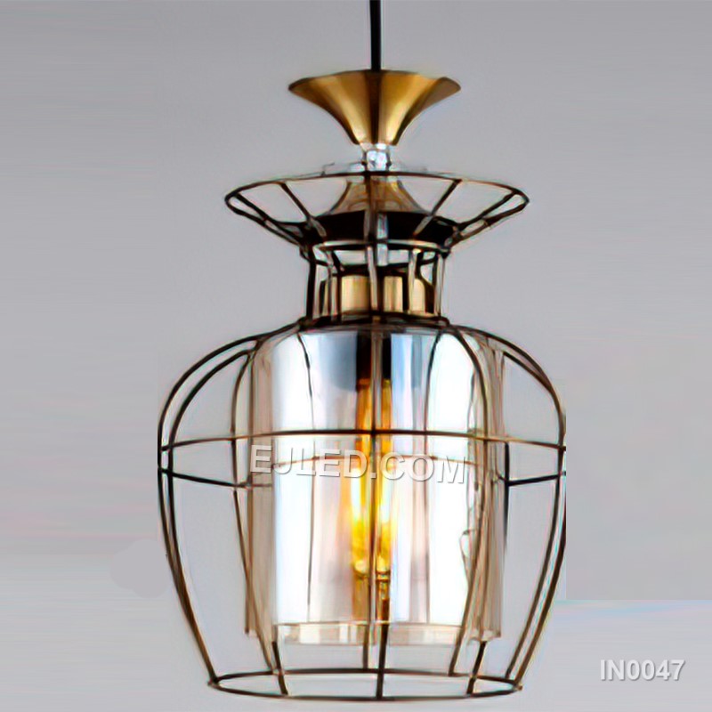 Gold Pendant Light Wine Metal Cage with Glass Shade Vintage Retro Style Hanging Lighting for Hotel Kitchen Island IN0047