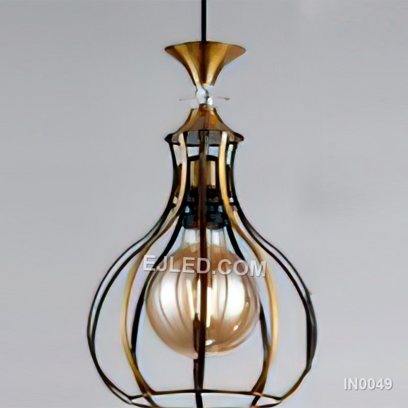 Gold Pendant Light Gourd Metal Cage with E27 Base Vintage Retro Style Hanging Lighting for Hotel Kitchen Island IN0049