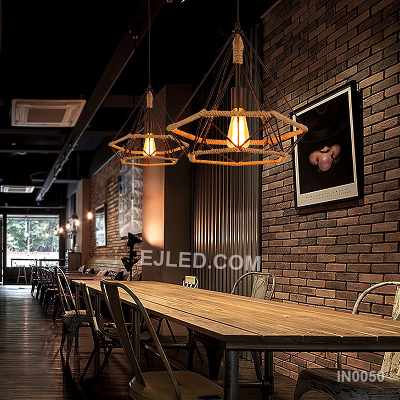 Black Pendant Lights Pyramid Light Fixtures with Hemp Rope Vintage Retro Home Industrial Lighting for Kitchen Island IN0050
