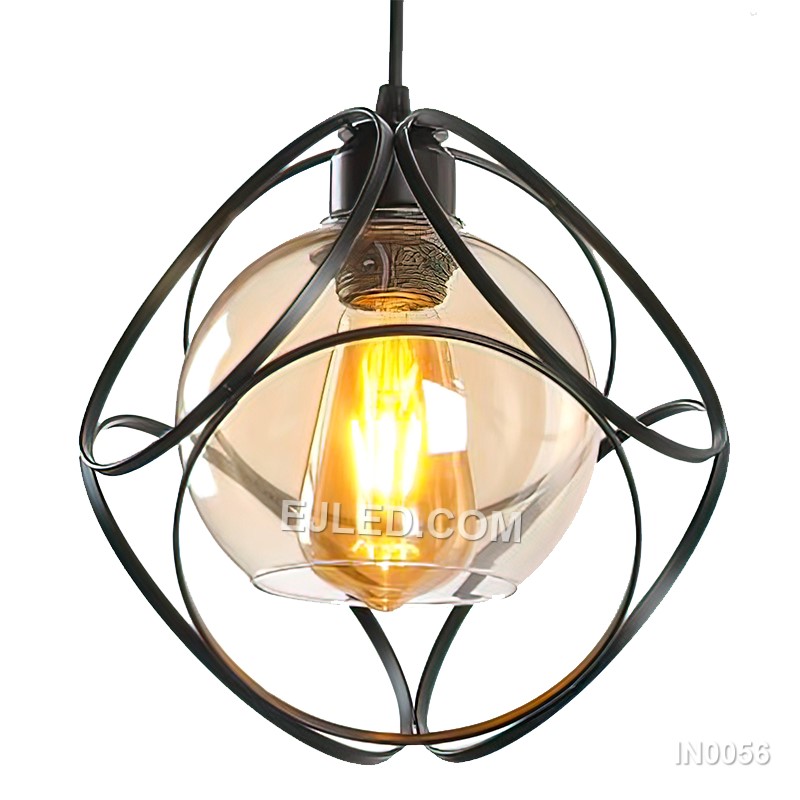 Modern Lamp Black Pendant Lights Fixtures with Glass Cover Wire Cage Lampshade for Kitchen Island Bedroom Hotel IN0056
