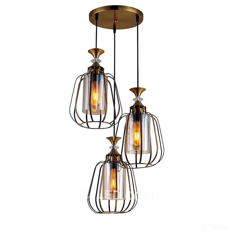 Chandelier Pendant Lights 3-Light with Glass Shade Electroplate Gold Cage Lamps Home Decor Light for Kitchend Island IN0057