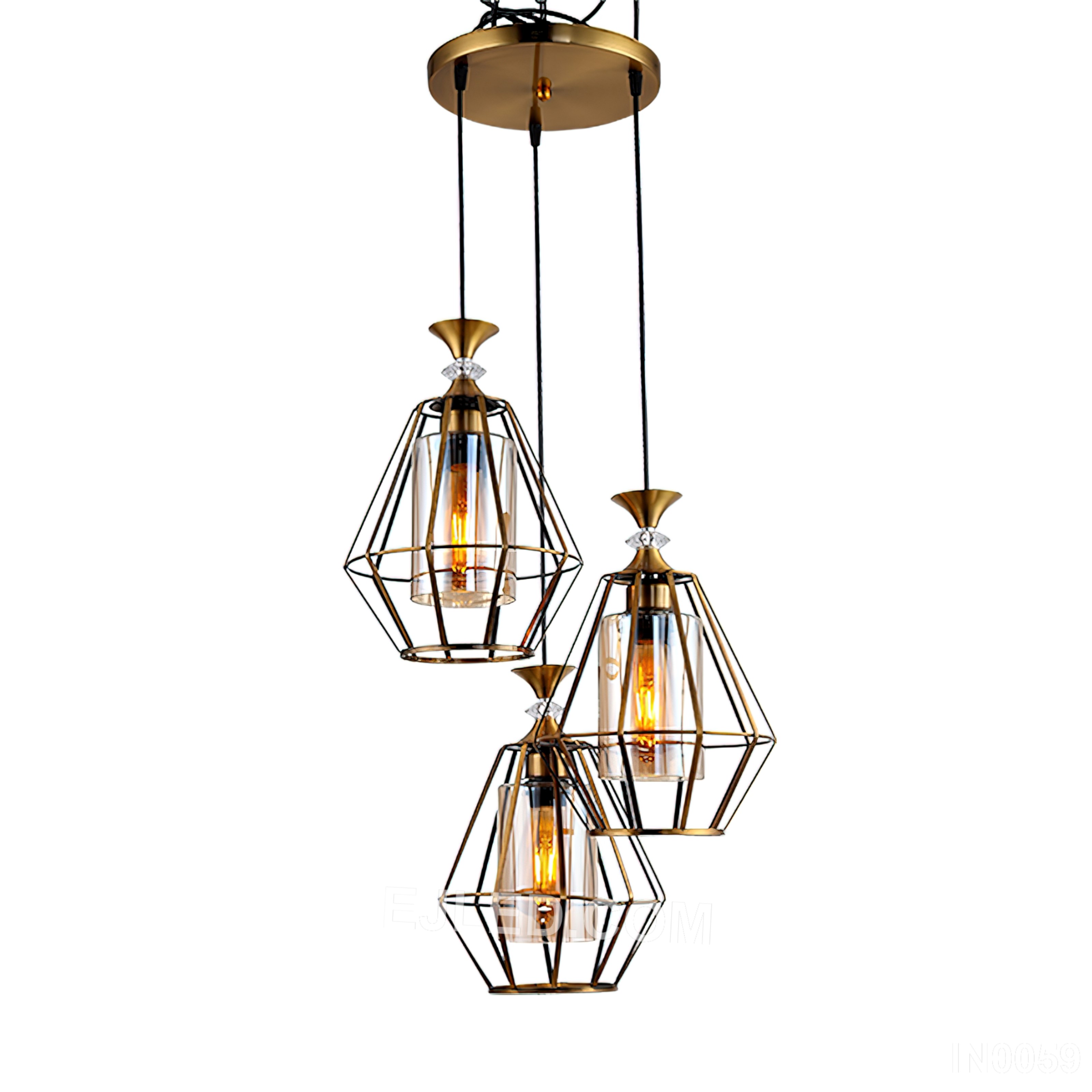 Gold Chandelier Pendant Light 3-Light with Glass Lampshade Wire Cage Lamps Room Light for Kitchen Island IN0059
