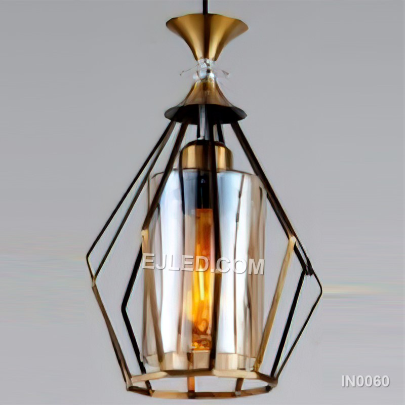 Vintage Mini Wire Pendant Llight 1-Light with Matte Gold Metal Shape Glass Lampshade Industrial Haning Lights IN0060