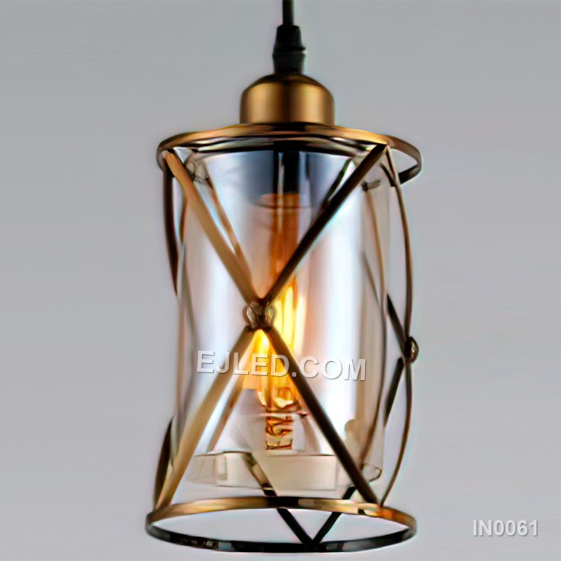 Industrial Pendant Light with Clear Glass Shade Metal Wire Gold Finish Cage Gorgeous Light Effect with E27 E26 Bulbs IN0061