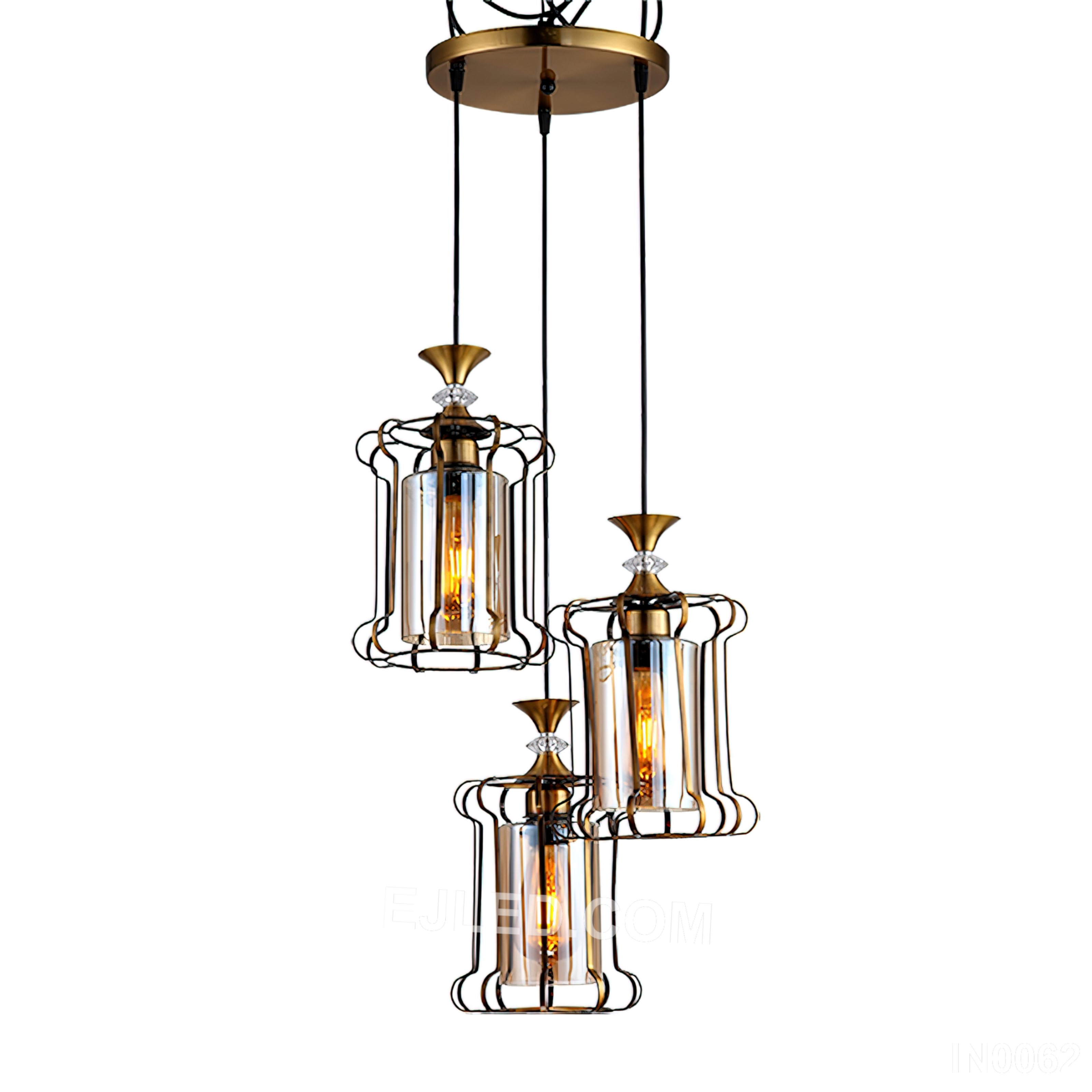 Gorgeous Gold Pendant Light with Clear Glass Shade 3-Light Wire Gold Finish Cage Home Decor Light For Kitchen IN0062